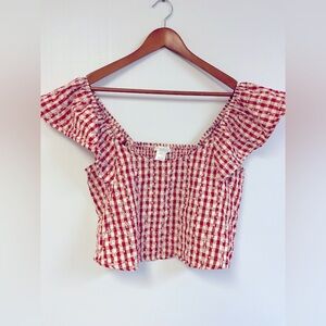 NWT Kirious Plaid Flutter Sleeve Shirred back Top. Sz‎ L Red Gingham daisy